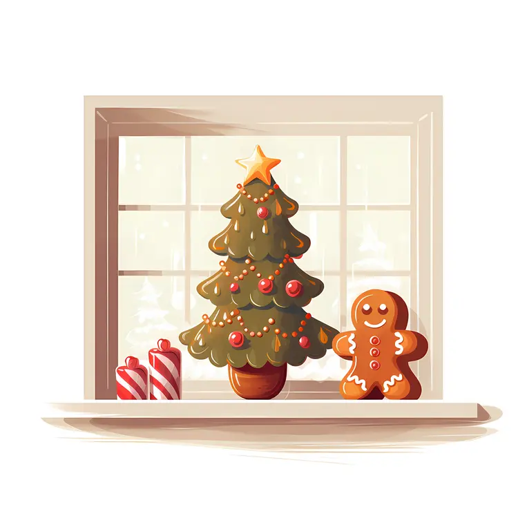 Christmas Tree and Gingerbread Man by the Window