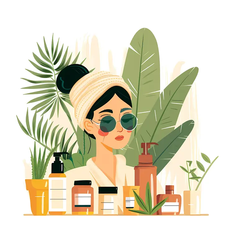 Woman with Skincare Products and Plants