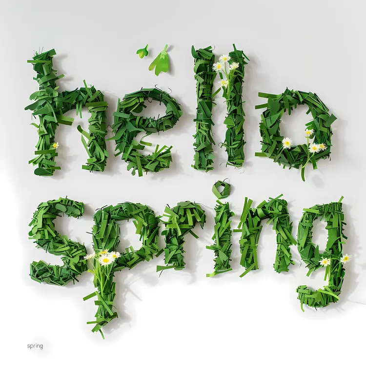 Hello Spring with Green Letters and Flowers