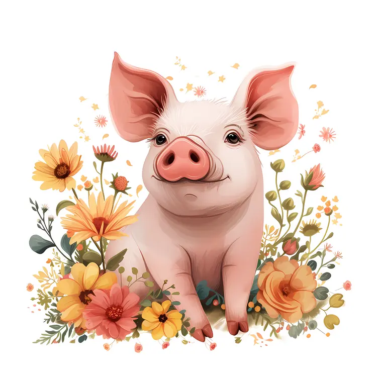 Cheerful Pig Among Colorful Flowers