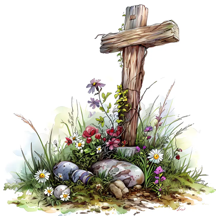 Wooden Cross with Flowers and Rocks