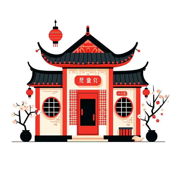 Traditional Chinese House with Red Lanterns