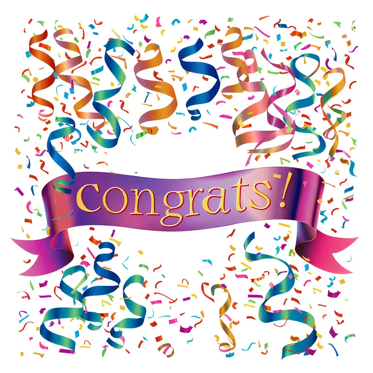 Congrats Text with Colorful Ribbons and Confetti