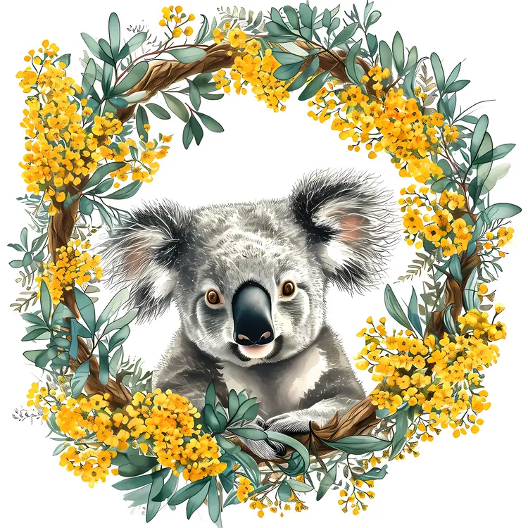 Adorable Koala in Yellow Flower Wreath