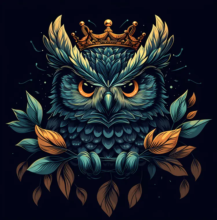 Blue Owl with Crown in Dark Forest