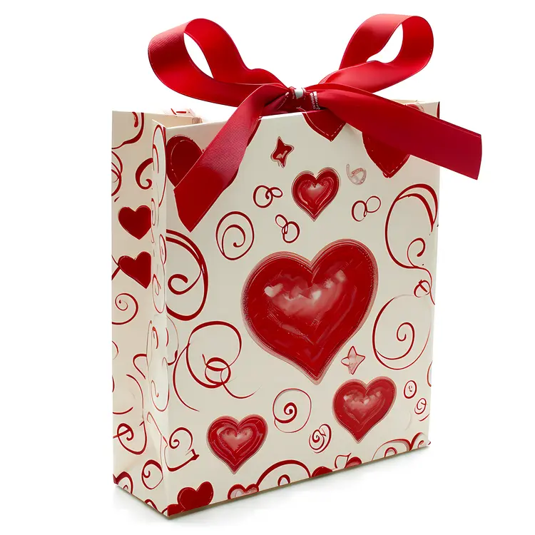 White Gift Bag with Red Heart Patterns for Valentine's Day