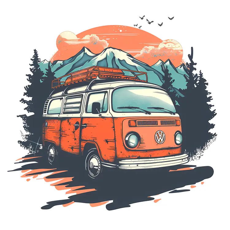 Orange Van in Mountain Landscape