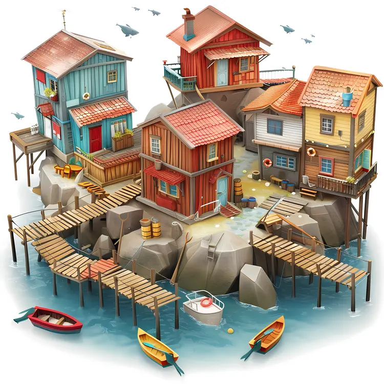 Small Cute Doodle Houses on Wooden Platforms