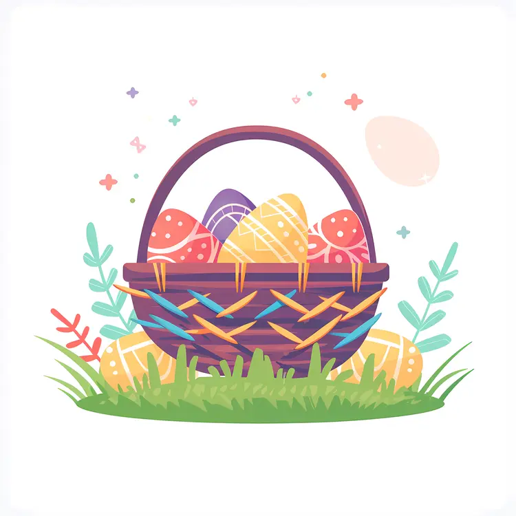Wicker Basket of Decorated Easter Eggs