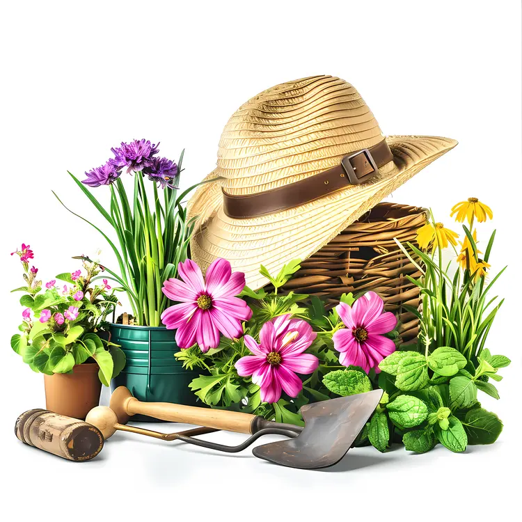 Gardening Tools and Flowers with Straw Hat