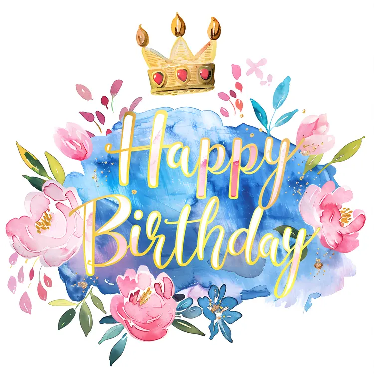 Happy Birthday with Blue Floral Background and Crown
