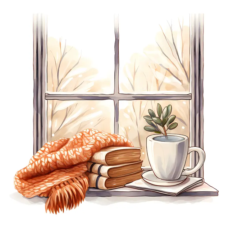White Mug with Blanket and Book by Snowy Window