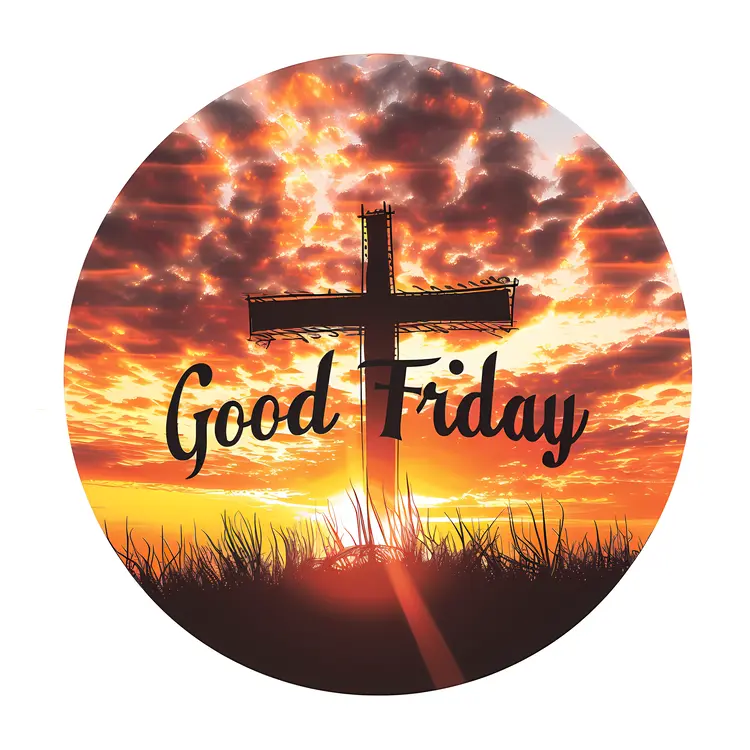 Wooden Cross with Good Friday Text and Sunset Background