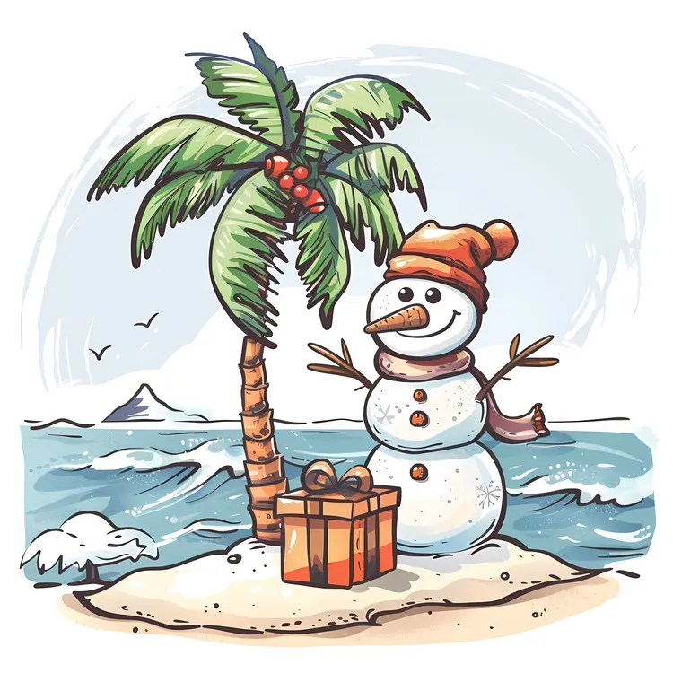Snowman on a Beach with Gift