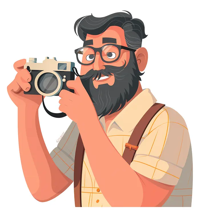 Bearded Man with Camera in Plaid Shirt