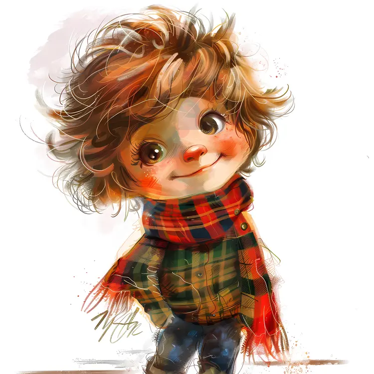 Cute Boy in Plaid Scarf Illustration