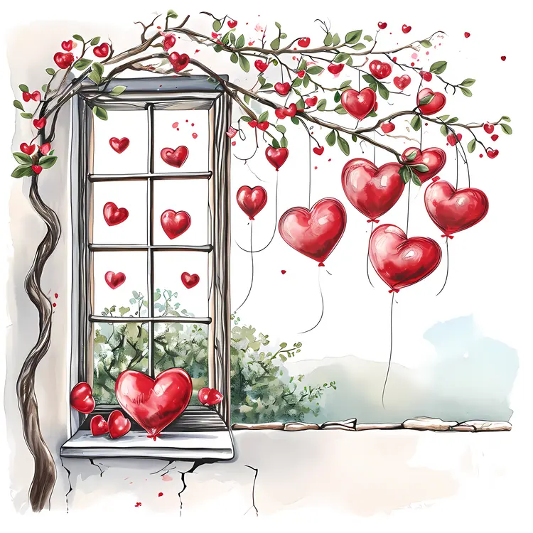 Hearts Hanging from Window with Vines