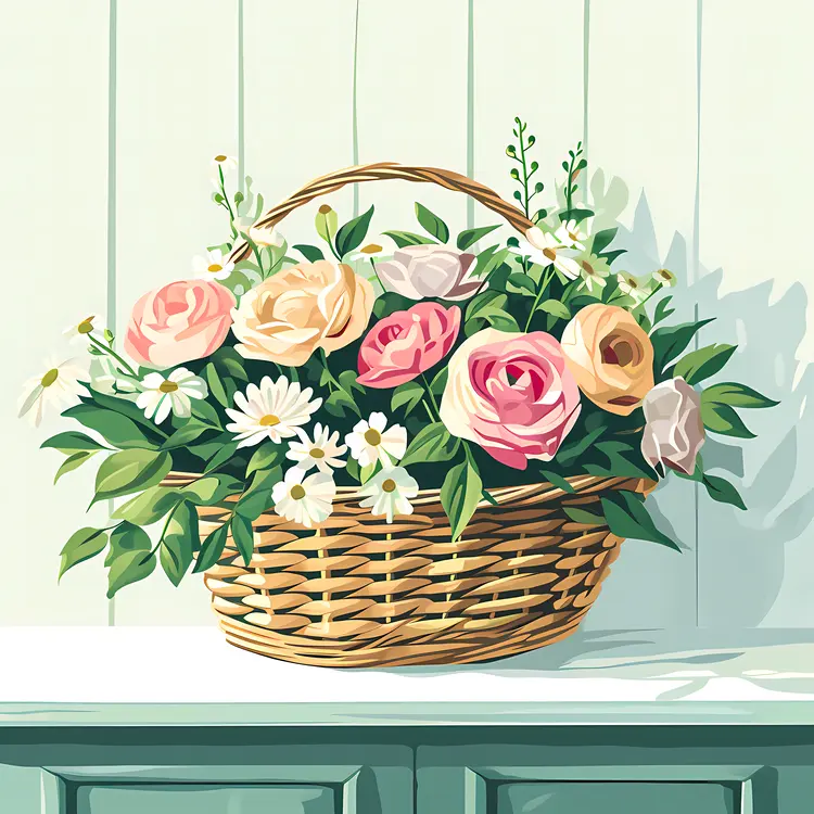 Pink and White Flowers in a Wicker Basket