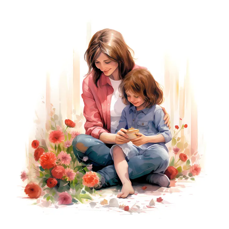 Mother and Child Sitting with Flowers Illustration
