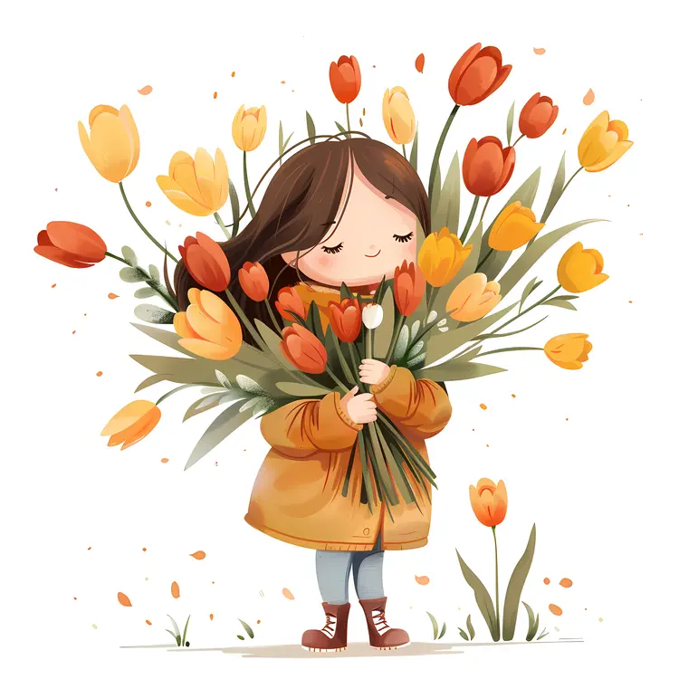 Cute Girl Holding Tulip Bouquet