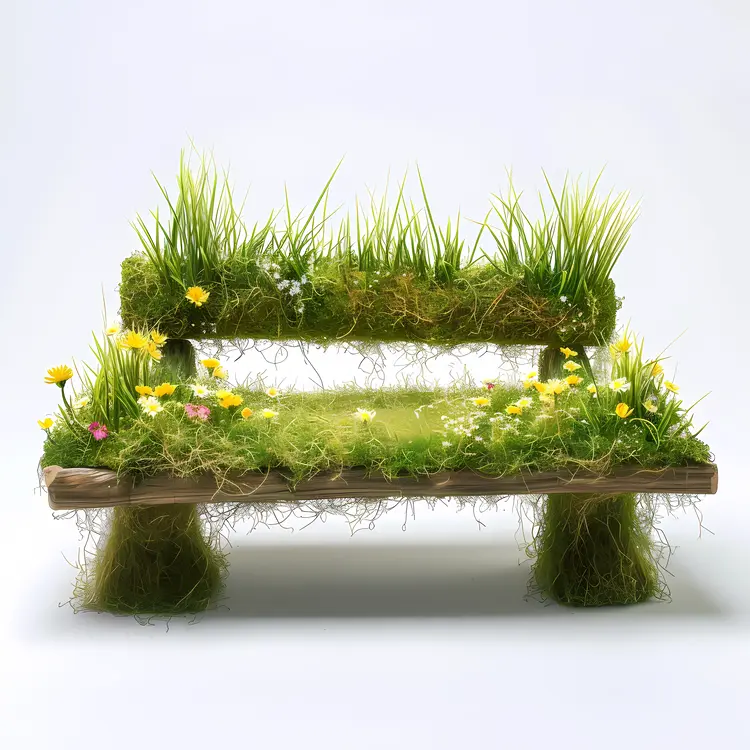 Rustic Grass Bench with Yellow Flowers