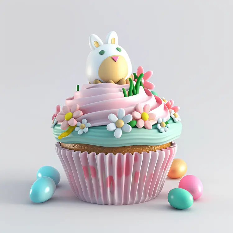 Cupcake with Bunny and Floral Decorations