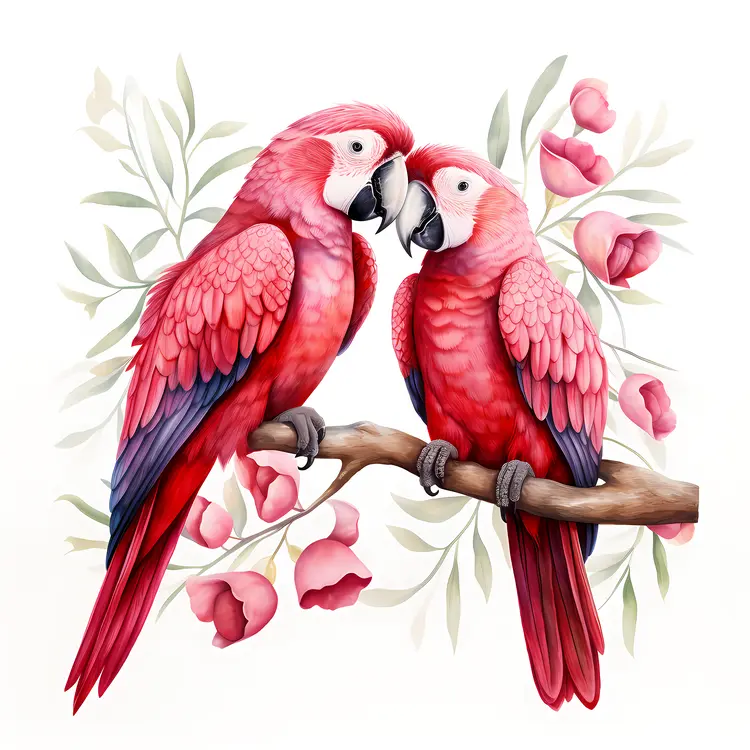 Red Parrots with Pink Flowers