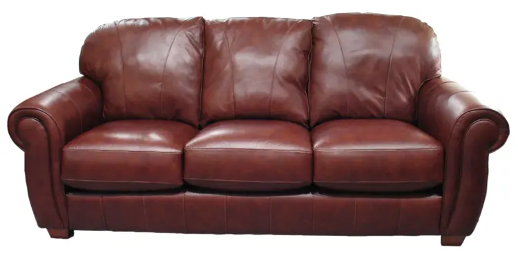 Brown Leather Sofa with Cushions and Wooden Legs