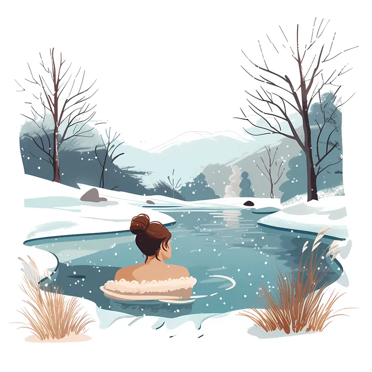 Woman Enjoying Hot Spring in Snowy Landscape