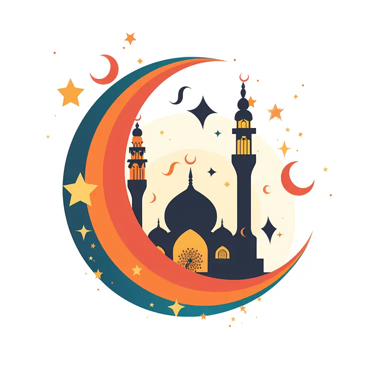 Mosque with Minarets and Colorful Crescent Moon