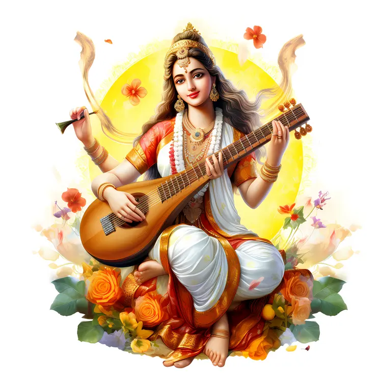 Goddess Playing Veena in White Dress