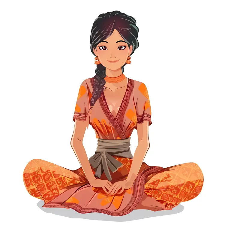 Woman in Orange Traditional Dress Sitting on the Floor