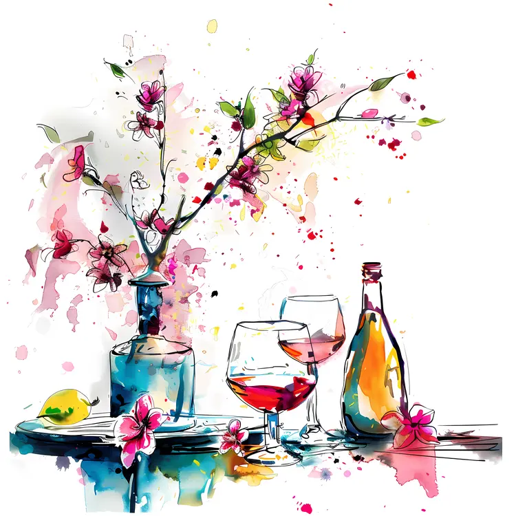 Wine Bottle and Glasses with Flowers