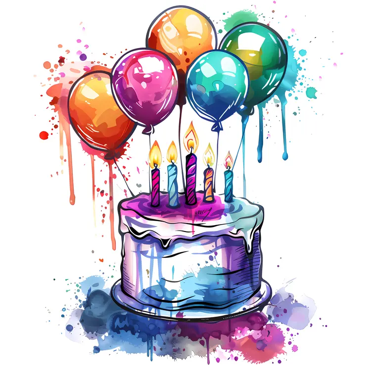 Birthday Cake with Balloons and Candles