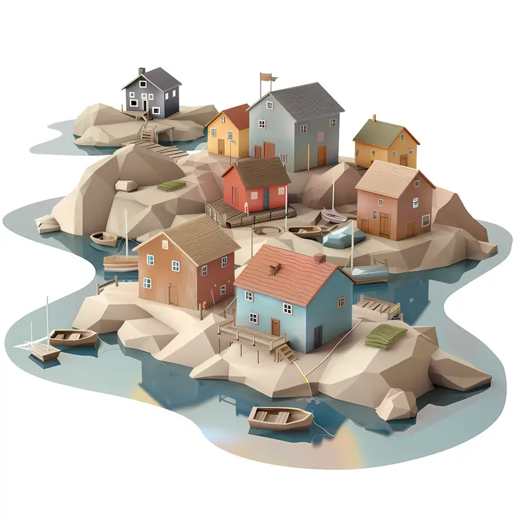 Small Cute Doodle Houses on Rocky Island