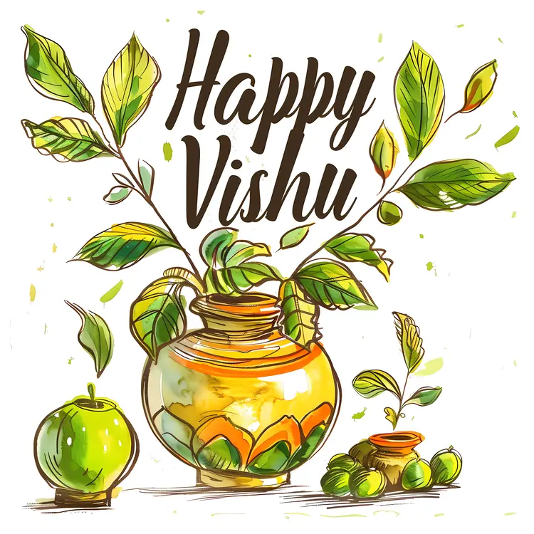 Happy Vishu with Pot and Leaves