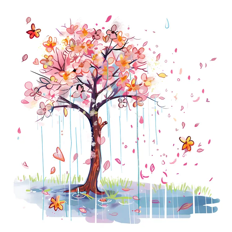Blossoming Tree in Spring Rain