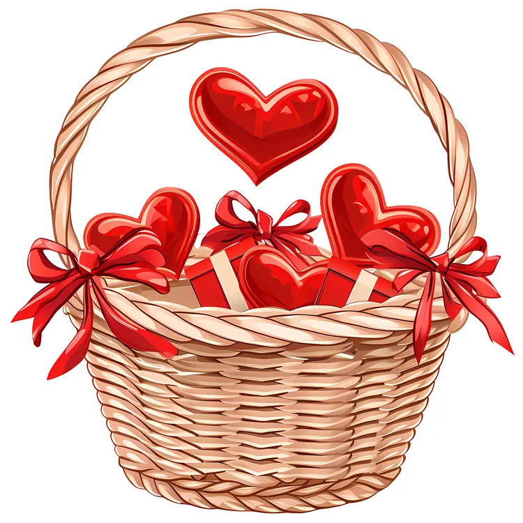 Red Hearts in Wicker Basket for Valentine's Day