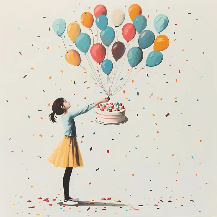 Girl Holding Balloons with Cake
