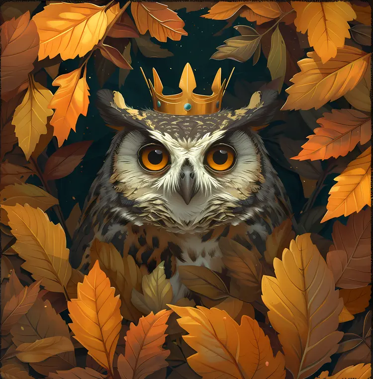 Regal Owl with Crown Amidst Autumn Leaves