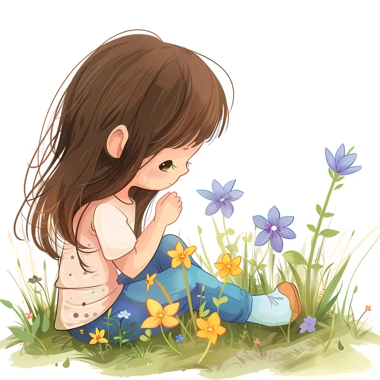 Little Girl Sitting Among Flowers