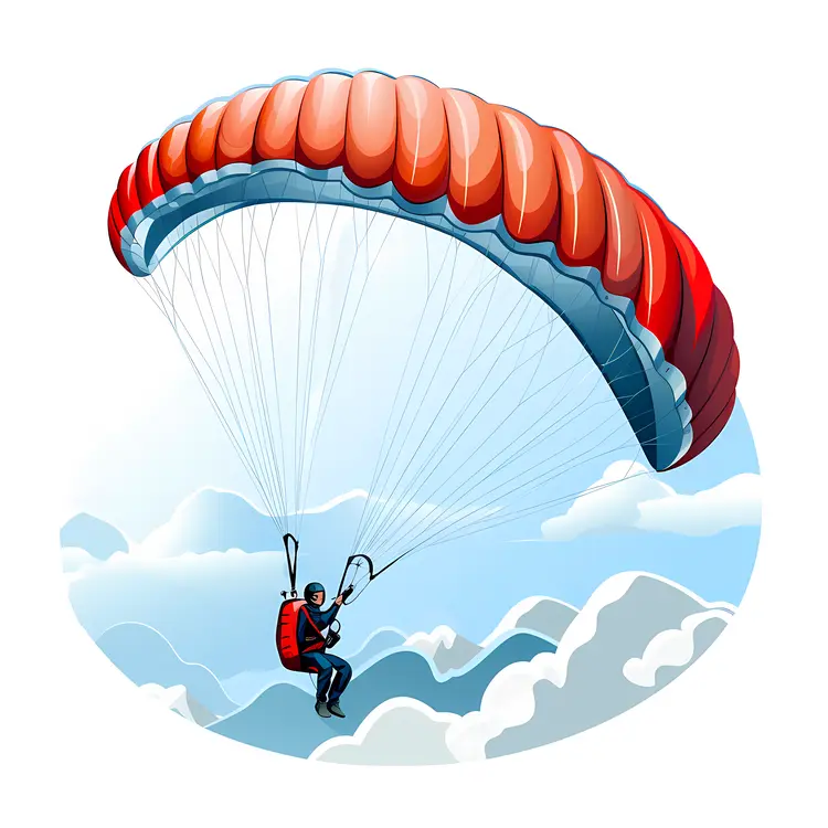 Paraglider with Red and Blue Parachute in Cloudy Sky