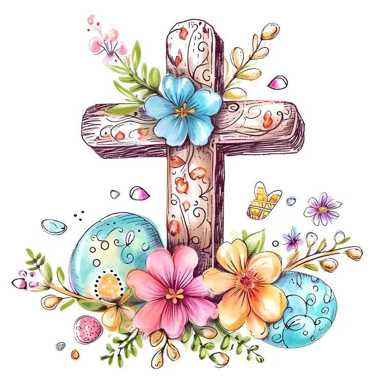 Decorated Cross with Flowers and Easter Eggs