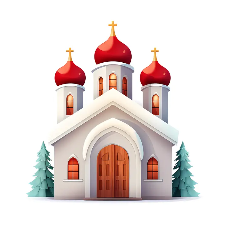 Red Domes Orthodox Church with Snowy Trees