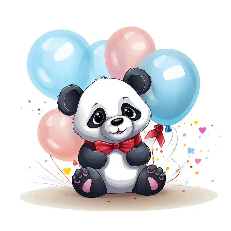 Cute Panda with Balloons and Red Bow