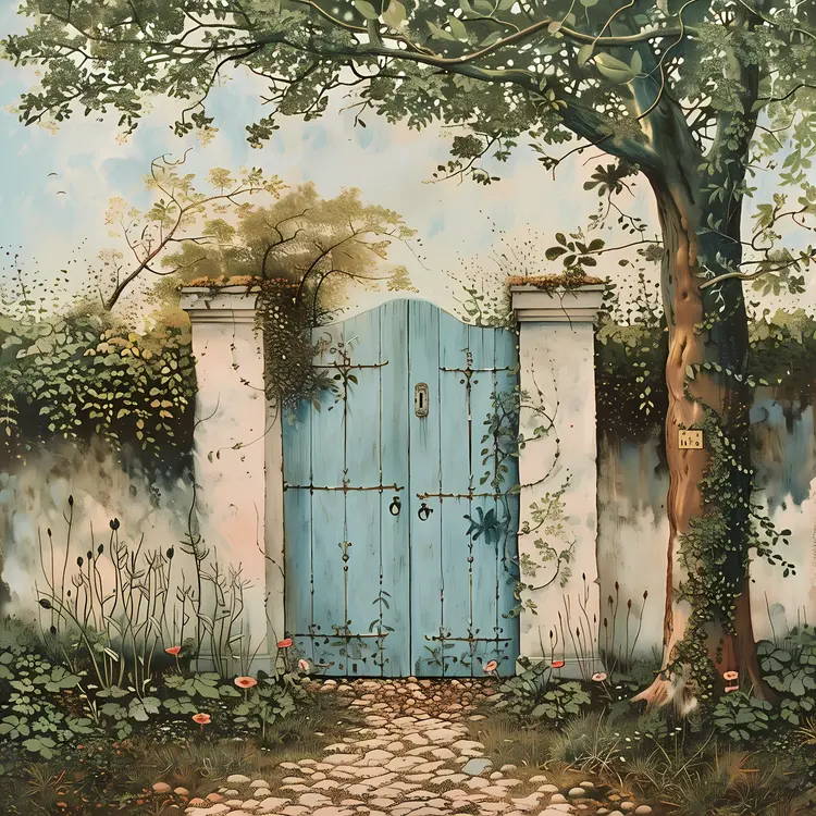 Blue Wooden Gate with Floral Surroundings