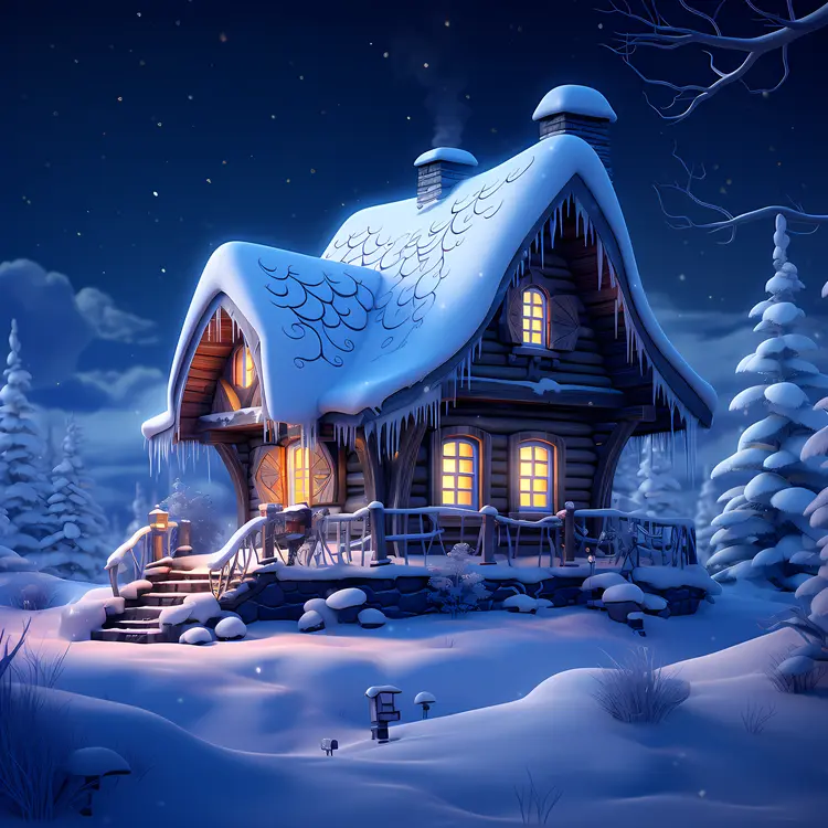 Snowy Cottage at Night