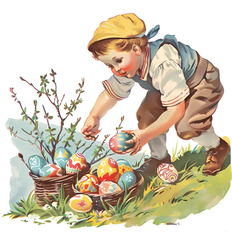 Boy Collecting Easter Eggs in Basket Illustration