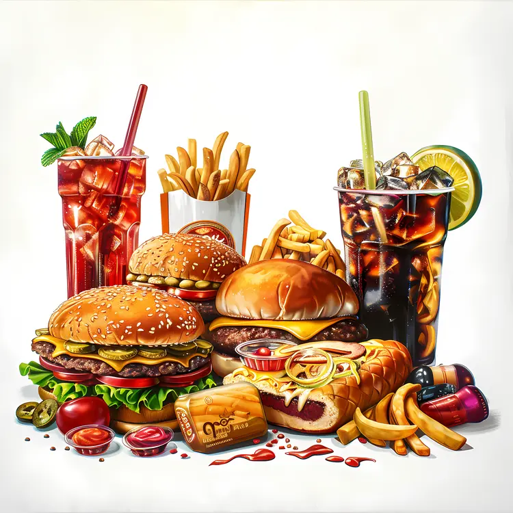 Assorted fast food with drinks