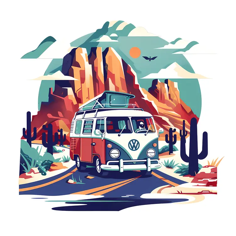 Van in the Desert with Mountains